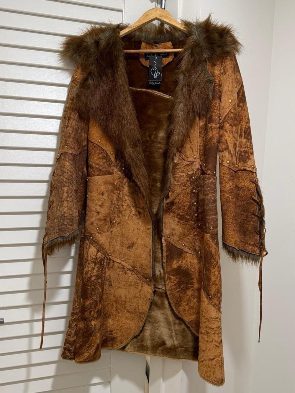 Rare Baby Phat Brown Patchwork Suede Trench Coat with Fur Trim, Studs - Small